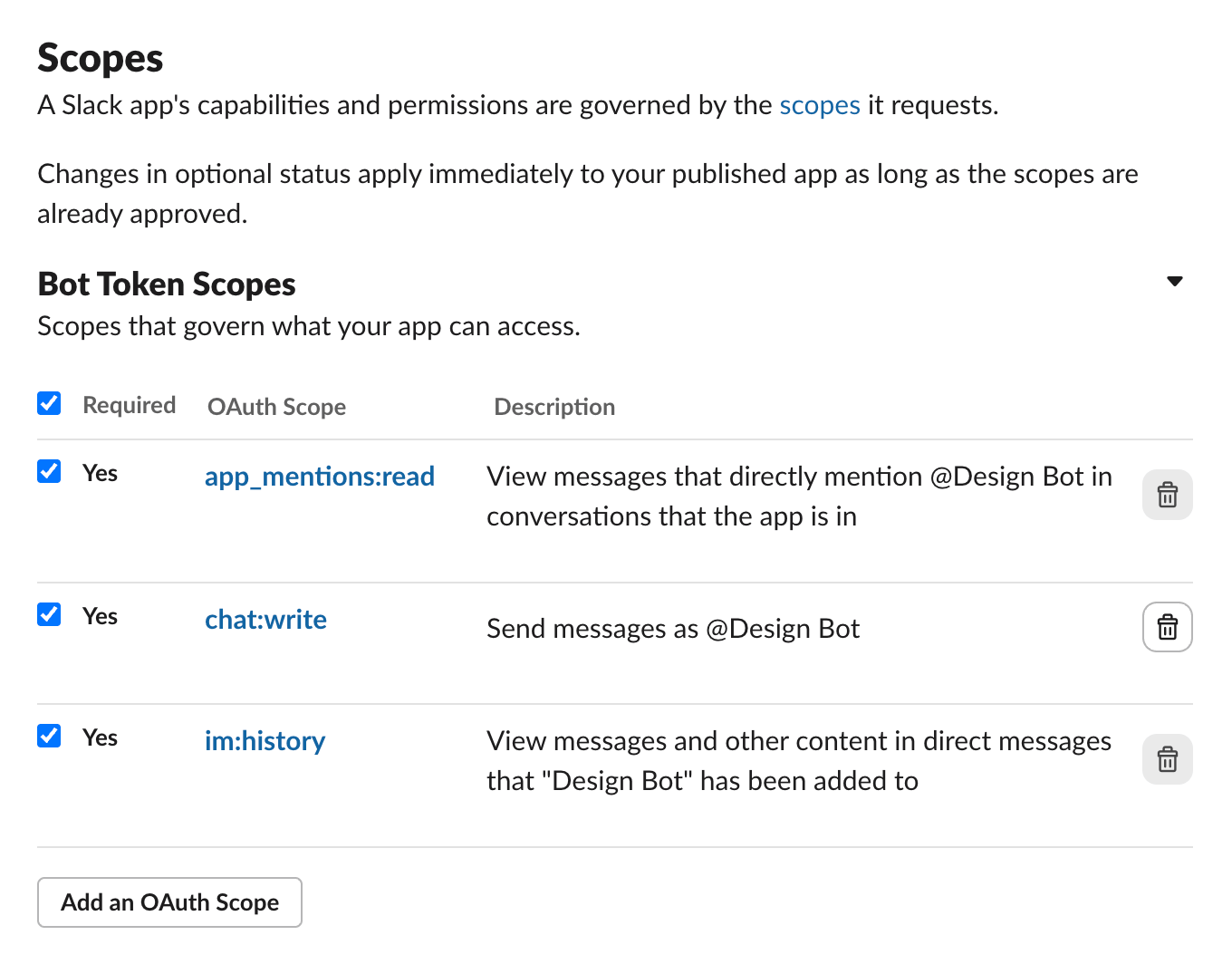 Bot Token Scopes configured